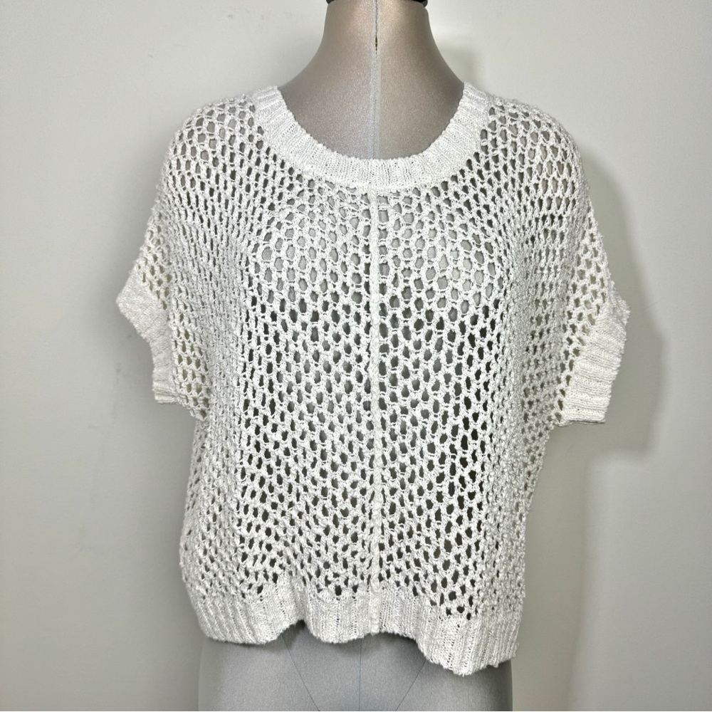 ANN TAYLOR Open Stitch Knit Sweater Tee in Off White Size Medium Boho Y2K - Picture 4 of 8